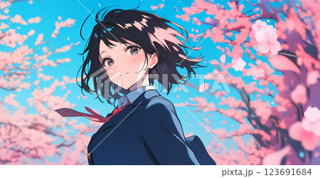 桜の花と女子生徒 123691684