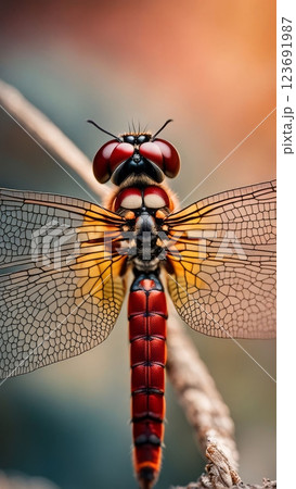 Close-up of red dragonfly with detailed wings perched on a twig against blurred background 123691987