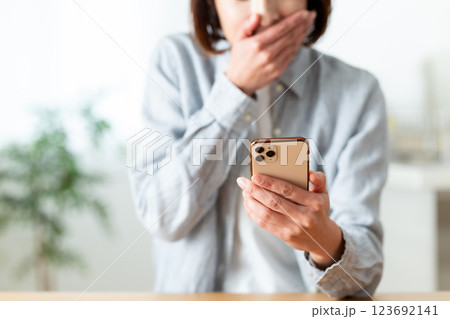 家のリビングでスマホを見て驚くミドル女性 123692141