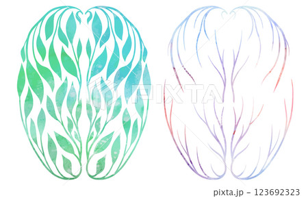 Vector set of watercolor healthy and unhealthy human brain from foliage and branches top view. Collection of colorful silhouette of Internal organ 123692323