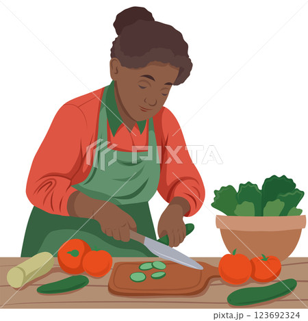 African woman cutting salad. Vector illustration in flat style. Housewife cooking. Mother make a dinner. African woman cutting salad. Vector illustration in flat style. Housewife cooking. Mother make a dinner. 123692324