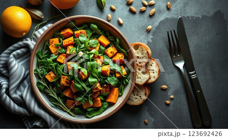 Artisanal Harvest Bowl A Mediterranean-Inspired Autumn Feast with Fresh Herbs and Rustic Accompaniments 123692426