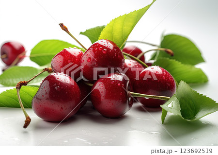 Cherry on background. Juicy red cherry, fresh and sweet. Generated AI. 123692519