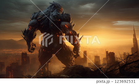 Giant monster over the destroyed city. Mythical giant attack. Generated AI. 123692531