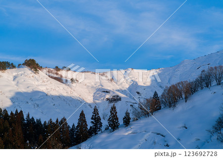 冬の青空に映える雪山と針葉樹林 123692728