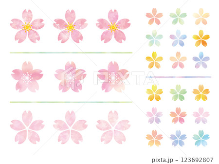 水彩風のたくさんのかわいい桜の素材セット 123692807