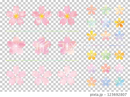 水彩風のたくさんのかわいい桜の素材セット 123692807