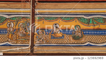 Frescoes Decoration On Wall Of Hanuman Temple In Jaipur, India. Religious Motifs From Life Of Hanuman Are Painted. Monkey-like Deity, Son Of Wind God Vayu. Scene Has Rama And Sita On Throne, As Frescoes Decoration On Wall Of Hanuman Temple In Jaipur, India. Religious Motifs From Life Of Hanuman Are Painted. Monkey-like Deity, Son Of Wind God Vayu. Scene Has Rama And Sita On Throne, As 123692969