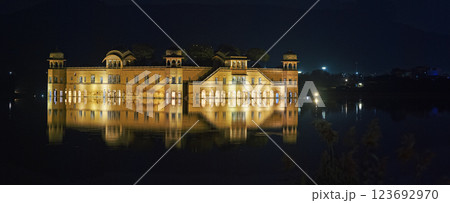Jaipur, Rajasthan, India. Jal Mahal Or Water Palace In Night Illumination. Palace Inmiddle Of Man Sagar Lake. Reflections In Dark Water. Popular Tourist Attraction In Jaipur. Originally Constructed 123692970