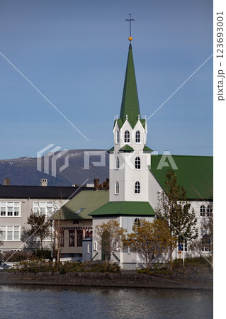 The Frikirkjan by Lake Tjornin in central Reykjavik, Iceland 123693001