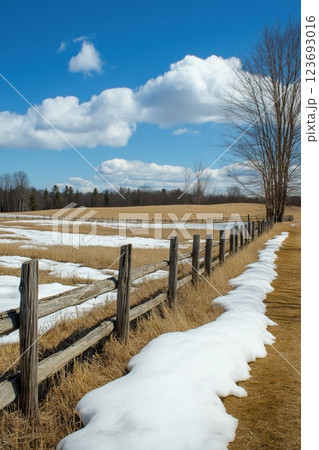 A country landscape with a wooden fence A country landscape with a wooden fence 123693016