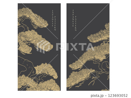 Black and gold bonsai tree or pine tree elements. Japanese background with Asian traditional icon vector. Natural art with brown background in vintage style. Black and gold bonsai tree or pine tree elements. Japanese background with Asian traditional icon vector. Natural art with brown background in vintage style. 123693052