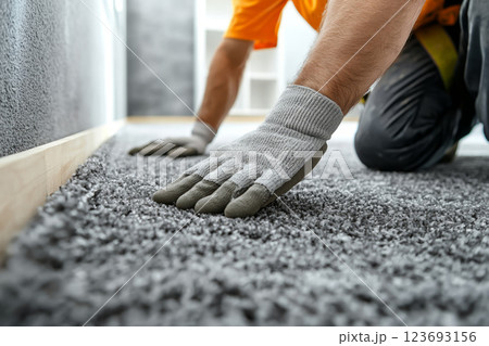 close-up of a construction worker installing a soft, gray carpet in a modern home, highlighting renovation, flooring, and home improvement. close-up of a construction worker installing a soft, gray carpet in a modern home, highlighting renovation, flooring, and home improvement. 123693156