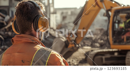 demolition crew member wearing ear protection, safety glasses, and heavy-duty gear 123693185