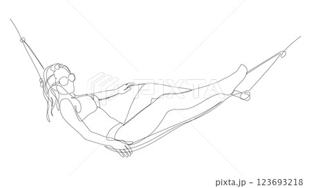 Young woman in sunglasses relaxing in the hammock continuous one line drawing. Relaxation, vacation and mental health concept, minimalist style single line vector illustration. 123693218