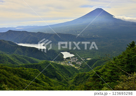 御坂山地の吉沢山から　夏の富士山と西湖と緑の山地を望む 123693298
