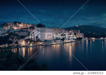 Udaipur City Palace at night, Rajasthan, India 123693313