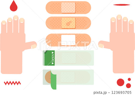 絆創膏と手や傷のアイコンセット 123693705