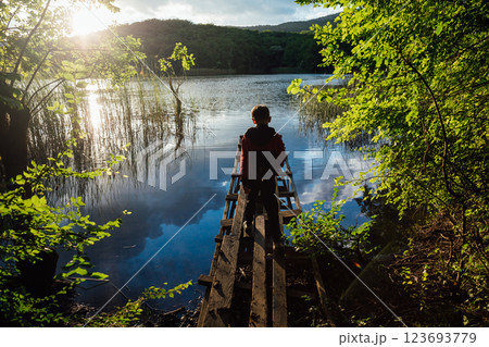Boy on the Bridge, Mountain Lake Green Forest 123693779