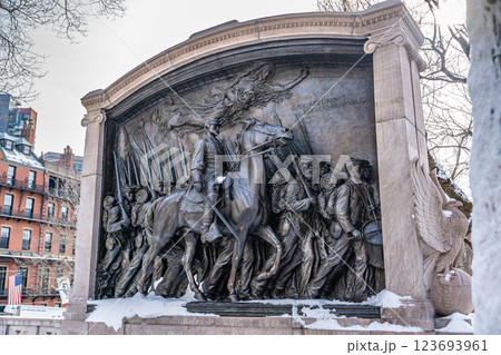Bronze relief sculpture by Augustus Saint-Gaudens, The Memorial to Robert Gould Shaw and the Massachusetts Fifty-Fourth Regiment, located across the street from the Massachusetts State House Bronze relief sculpture by Augustus Saint-Gaudens, The Memorial to Robert Gould Shaw and the Massachusetts Fifty-Fourth Regiment, located across the street from the Massachusetts State House 123693961