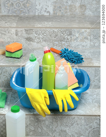 Household cleaning products and items for cleaning tile in house. Cleaning and cleanliness. 123694000
