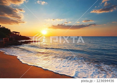 Dramatic sunset sky with clouds. Dramatic sunset over the sea Dramatic sunset sky with clouds. Dramatic sunset over the sea 123694436