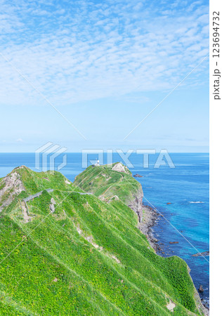 北海道積丹町 人気の観光名所 新緑が美しい夏の神威岬と神威岬灯台 北海道積丹町 人気の観光名所 新緑が美しい夏の神威岬と神威岬灯台 123694732