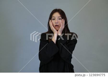 Astonished young lady, palms supporting her face. Depicts authentic reactions, vital in today's realistic media. Astonished young lady, palms supporting her face. Depicts authentic reactions, vital in today's realistic media. 123694775