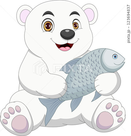 Polar bear baby holding big fish cartoon 123694837