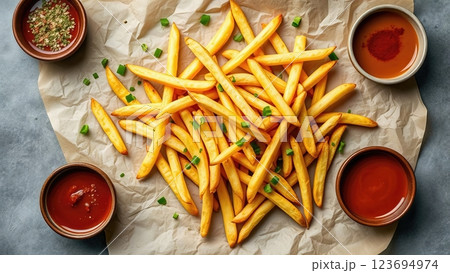 Artisanal Hand-Cut French Fries with Gourmet Dipping Sauces and Fresh Herbs on Rustic Parchment Paper A Contemporary Culinary Still Life 123694974