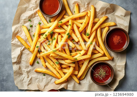 Artisanal Hand-Cut French Fries with Gourmet Dipping Sauces and Fresh Herbs on Rustic Parchment Paper A Contemporary Culinary Still Life 123694980