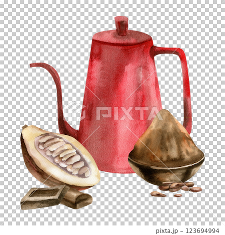 Cocoa drink watercolor composition with red coffee pot, cocoa powder and fresh brown pod illustration. Tropical fruit clipart for hot drink packing, cafe menu, poster, invitation design 123694994