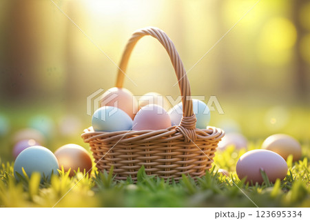 Pastel Easter eggs in a wicker basket on sunlit grass. AI generated 123695334