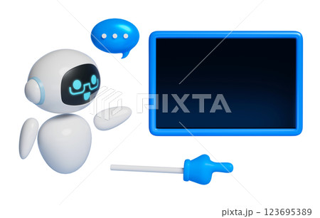 3D graphic of AI robot character lecturing in front of a blackboard 123695389