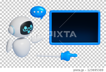 3D graphic of AI robot character lecturing in front of a blackboard 123695389