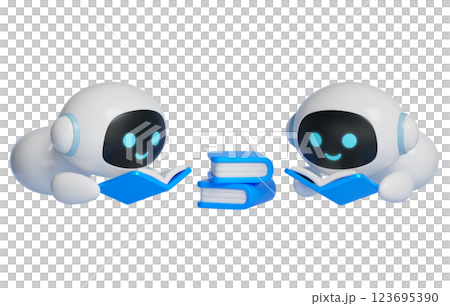 3D graphics of AI robot character reading a book while lying down 123695390