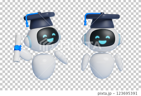 AI robot character wearing a graduation cap 3D graphics AI robot character wearing a graduation cap 3D graphics 123695391