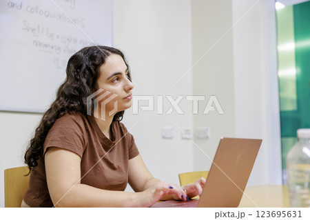 考えながらパソコンを操作する女性 123695631