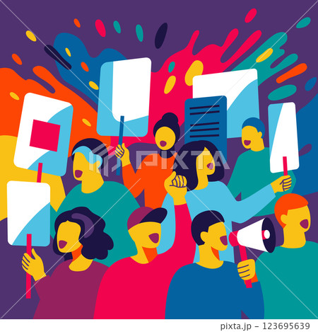 A dynamic, colorful illustration of a protest with diverse people holding signs and a megaphone. Ideal for articles, blogs, posters, campaigns, social media, and materials on activism and human rights A dynamic, colorful illustration of a protest with diverse people holding signs and a megaphone. Ideal for articles, blogs, posters, campaigns, social media, and materials on activism and human rights 123695639
