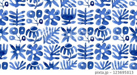 seamless pattern of abstract flowers and plants in modern style. blue watercolor seamless pattern of abstract flowers and plants in modern style. blue watercolor 123695813