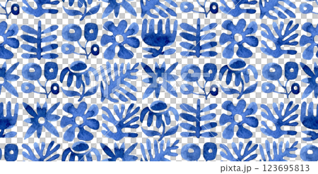 seamless pattern of abstract flowers and plants in modern style. blue watercolor seamless pattern of abstract flowers and plants in modern style. blue watercolor 123695813