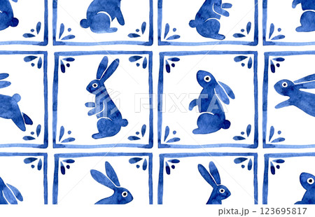 easter seamless pattern vintage style with easter bunnies and flowers. blue watercolor tile	 123695817