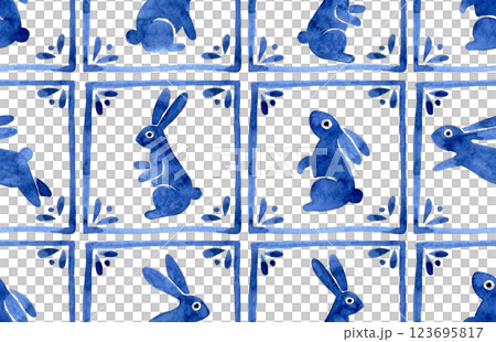 easter seamless pattern vintage style with easter bunnies and flowers. blue watercolor tile	 123695817