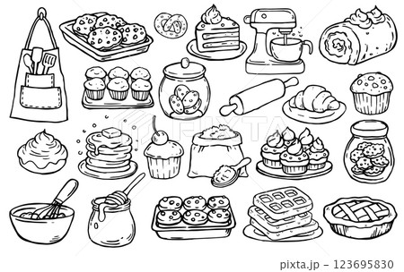 set of homemade baking, cookies, pie, flour, cupcake. vector illustration in doodle style set of homemade baking, cookies, pie, flour, cupcake. vector illustration in doodle style 123695830