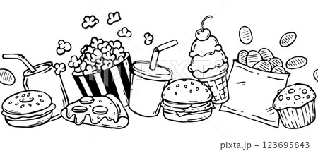 Seamless border on the theme of fast food, pizza, burger, ice cream and soda. Vector illustration in doodle style Seamless border on the theme of fast food, pizza, burger, ice cream and soda. Vector illustration in doodle style 123695843