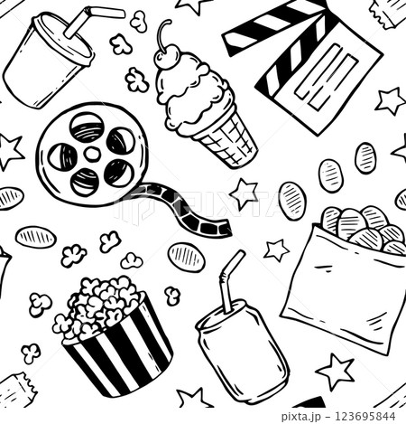 Seamless pattern on the theme of cinema, film strip, popcorn, clapperboard. Vector illustration in doodle style Seamless pattern on the theme of cinema, film strip, popcorn, clapperboard. Vector illustration in doodle style 123695844