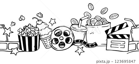 Seamlessborder on the theme of cinema, film strip, popcorn, clapperboard. Vector illustration in doodle style Seamlessborder on the theme of cinema, film strip, popcorn, clapperboard. Vector illustration in doodle style 123695847