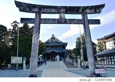 愛知県　豊川稲荷境内の鳥居と大本殿と参道 123695906