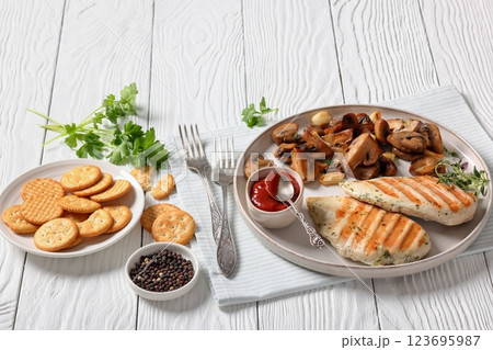grilled chicken breasts with mushrooms, top view 123695987