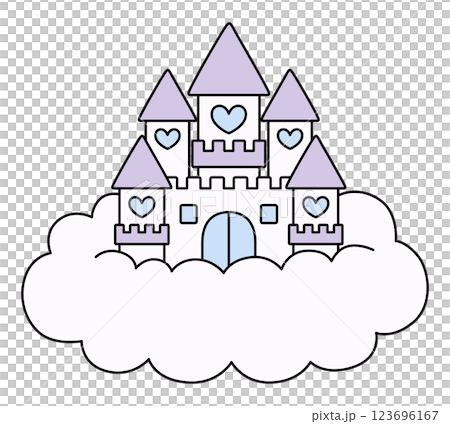 Vector illustration of a castle with clouds and cute hearts. Fairy tale, fancy, line 123696167
